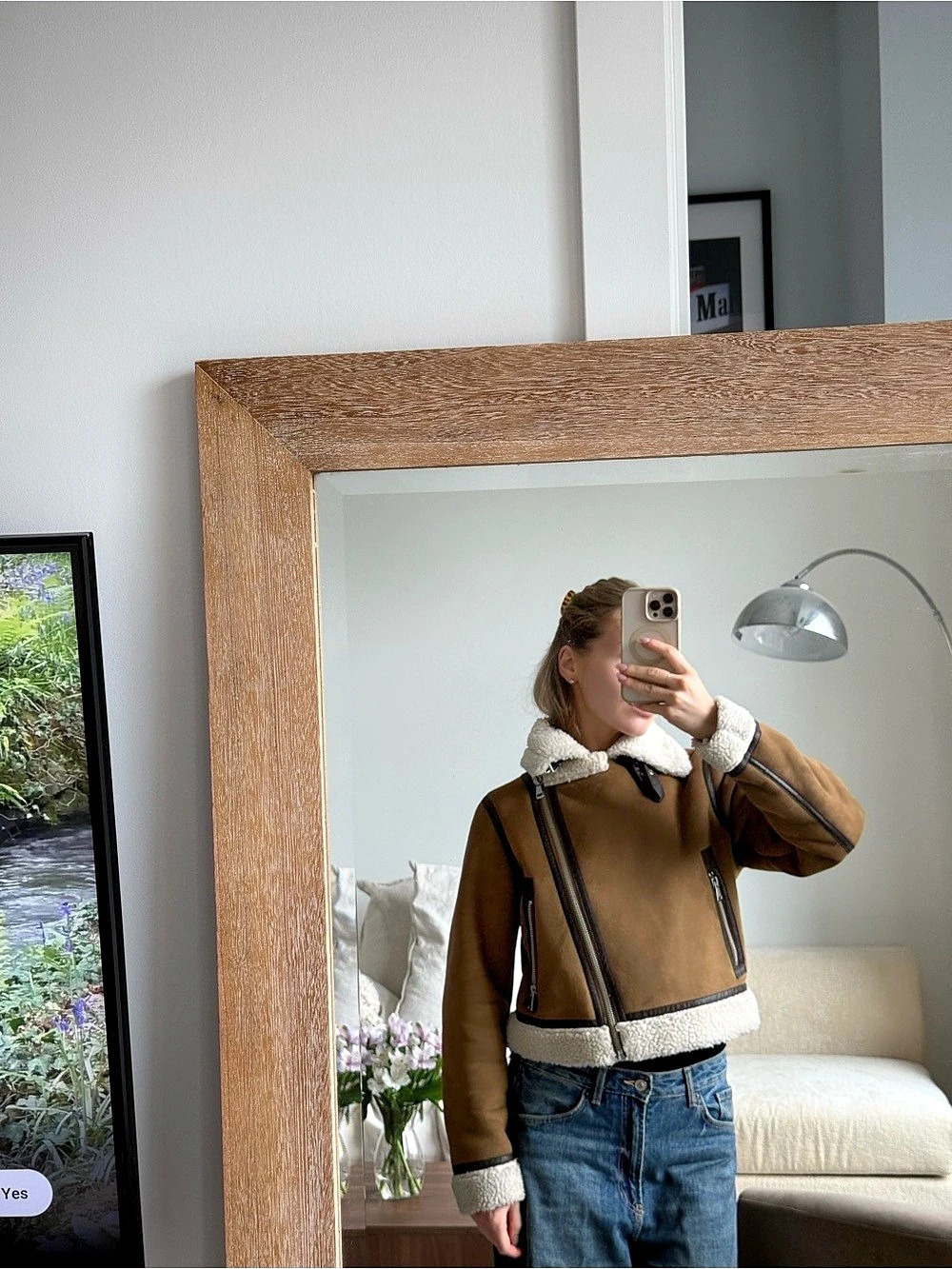 Zara Faux Shearling Biker Jacket Brown & White